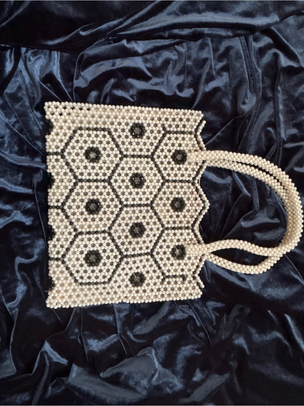 Pearl Beaded Hexagon Tote Bag - Ivory and Black